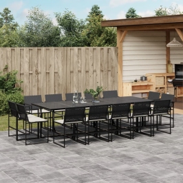 Set comedor de jardín con cojines 15 pzas ratán sintético negro