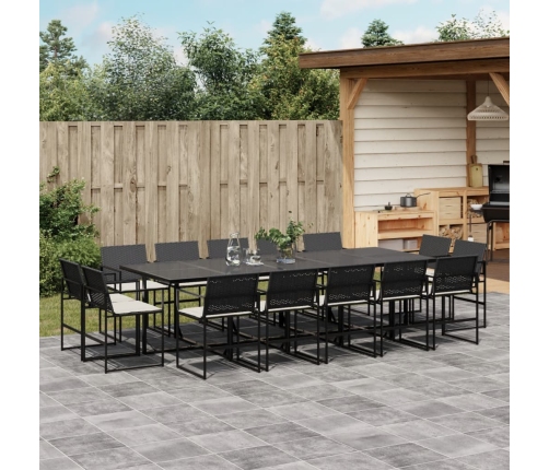 Set comedor de jardín con cojines 15 pzas ratán sintético negro