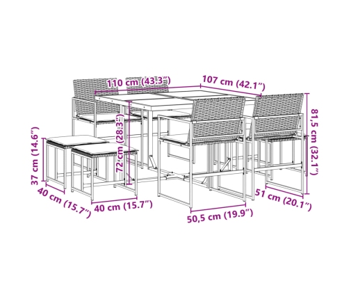 Set de comedor de jardín 9 pzas y cojines ratán sintético negro