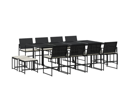 Set comedor de jardín con cojines 13 pzas ratán sintético negro