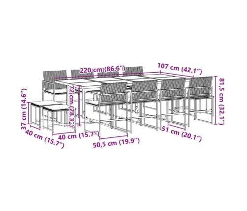 Set comedor de jardín con cojines 13 pzas ratán sintético negro