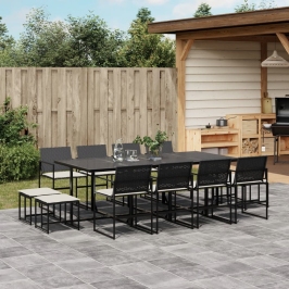 Set comedor de jardín con cojines 13 pzas ratán sintético negro