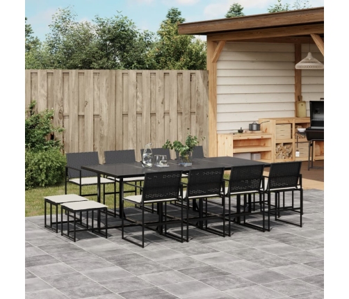 Set comedor de jardín con cojines 13 pzas ratán sintético negro