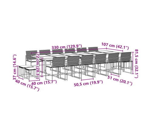 Set de muebles jardín 17 pzas con cojines ratán sintético negro