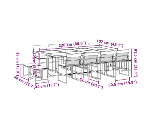 Juego de comedor de jardín 13 pzas con cojines textileno negro