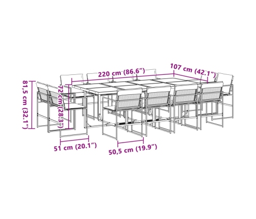 Juego de comedor de jardín 13 pzas con cojines textilene blanco