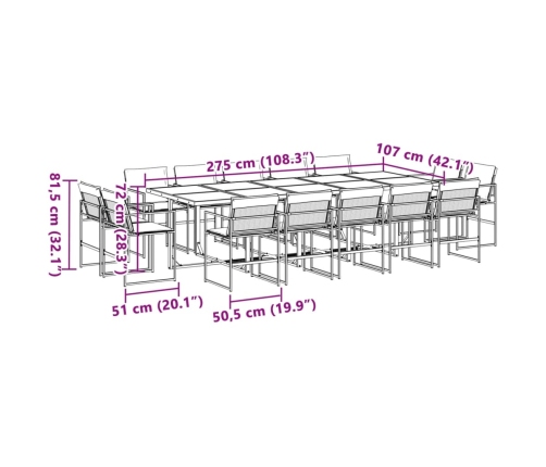 Juego de comedor de jardín 15 pzas con cojines textilene blanco