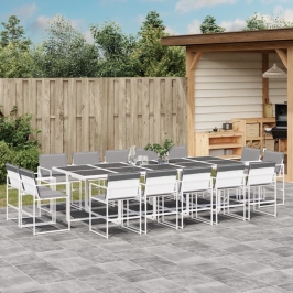 Juego de comedor de jardín 15 pzas con cojines textilene blanco