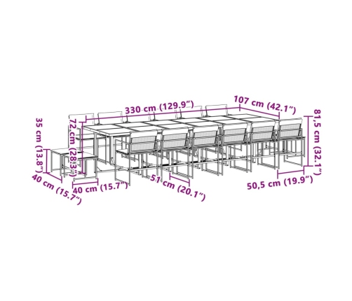 Juego de comedor de jardín 17 pzas con cojines textilene blanco