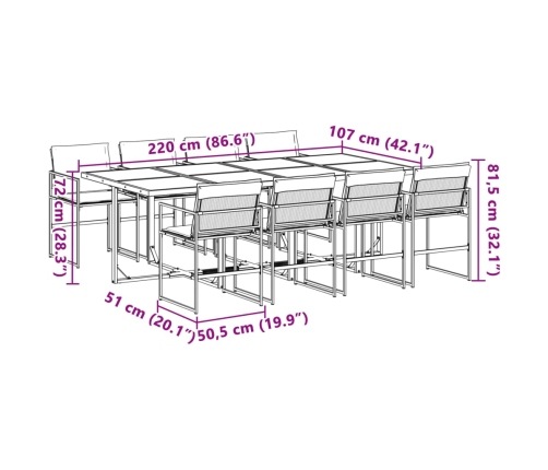 Juego de comedor de jardín 9 pzas con cojines textilene blanco