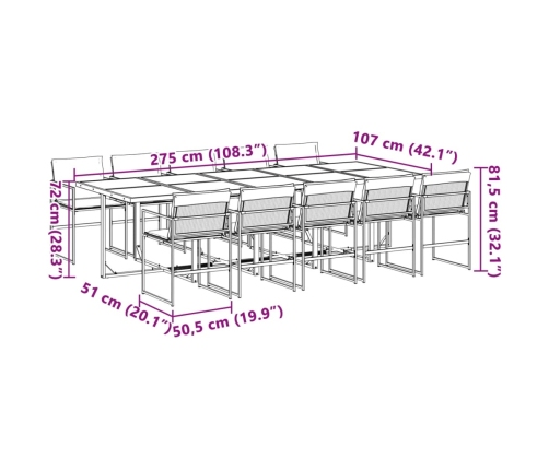 Juego de comedor de jardín 11 pzas con cojines textilene blanco