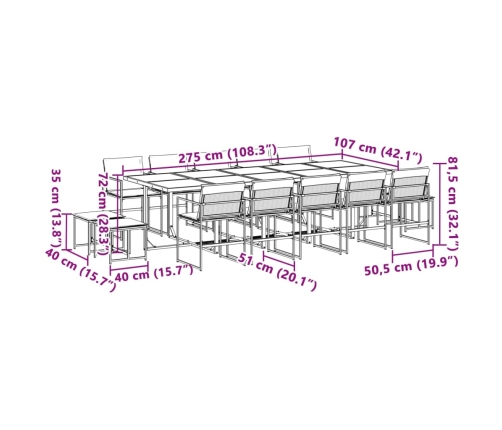 Juego de comedor de jardín 15 pzas con cojines textilene blanco