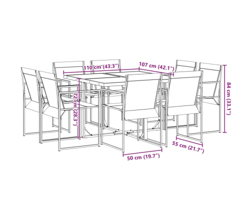 Juego de comedor para jardín 9 piezas textilene negro
