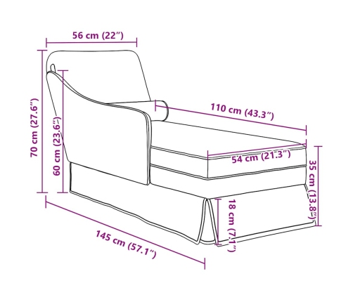 Chaise longue respaldo reposabrazos derecho terciopelo azul