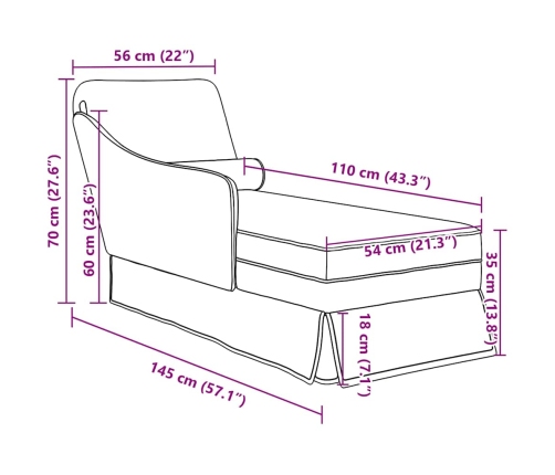 Chaise longue respaldo reposabrazos derecho terciopelo lino