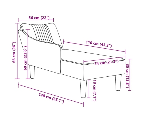 Chaise longue con reposabrazos derecho terciopelo gris claro