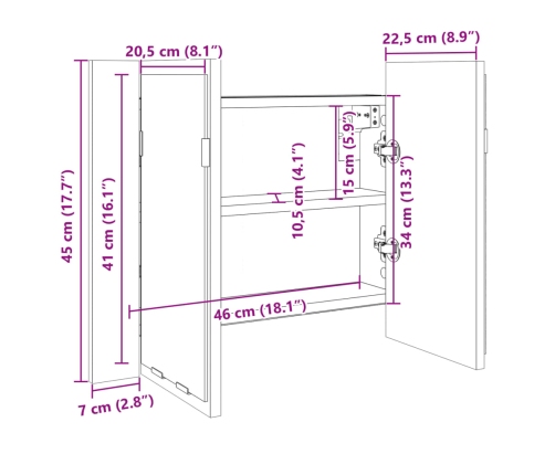 Armario con espejo LED madera roble Sonoma 60x12x45 cm