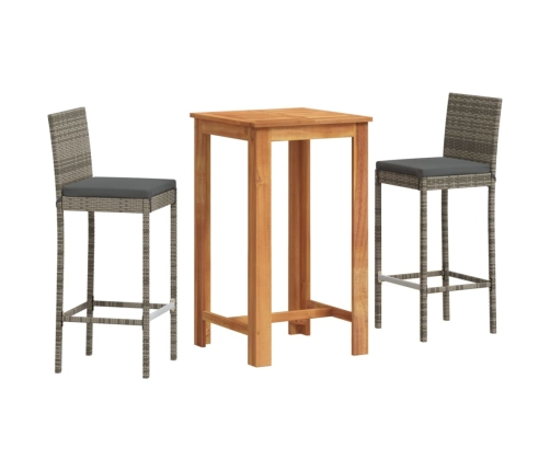 Mesa y taburetes de jardín 3 pzas madera acacia ratán PE gris