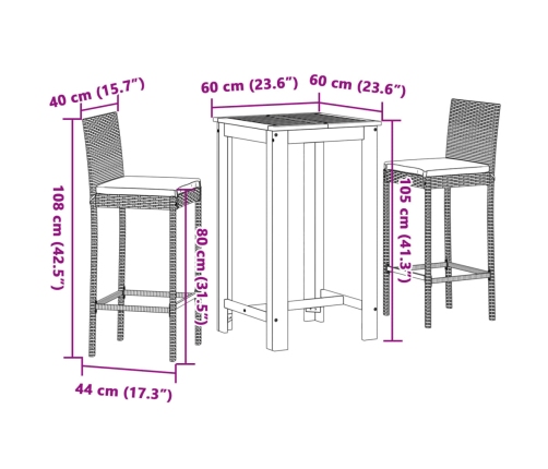 Mesa y taburetes de jardín 3 pzas madera acacia ratán PE gris
