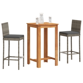 Mesa y taburetes de jardín 3 pzas madera acacia ratán PE gris