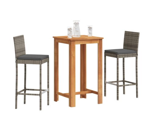 Mesa y taburetes de jardín 3 pzas madera acacia ratán PE gris