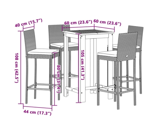 Mesa y taburetes de jardín 5 pzas madera acacia ratán PE gris