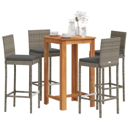 Mesa y taburetes de jardín 5 pzas madera acacia ratán PE gris