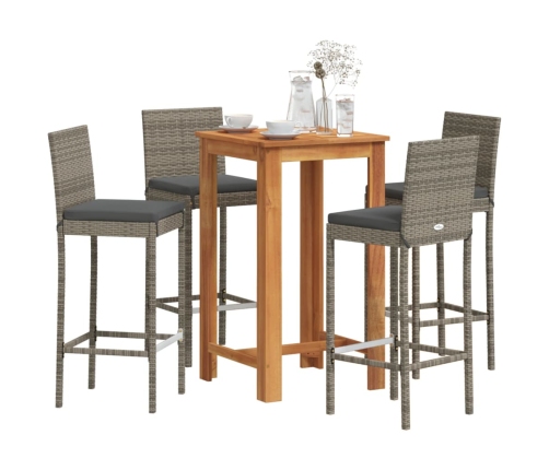 Mesa y taburetes de jardín 5 pzas madera acacia ratán PE gris