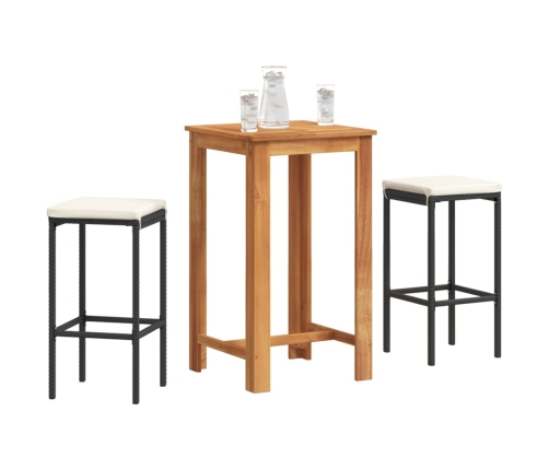 Mesa y taburetes de jardín 3 pzas madera acacia ratán PE negro