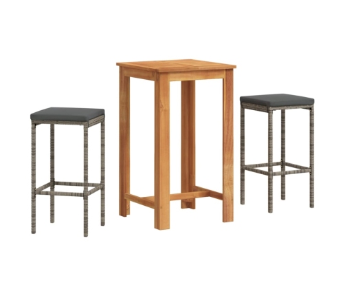 Mesa y taburetes de jardín 3 pzas madera acacia ratán PE gris