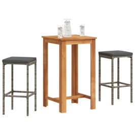 Mesa y taburetes de jardín 3 pzas madera acacia ratán PE gris