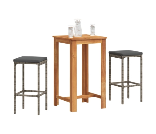 Mesa y taburetes de jardín 3 pzas madera acacia ratán PE gris
