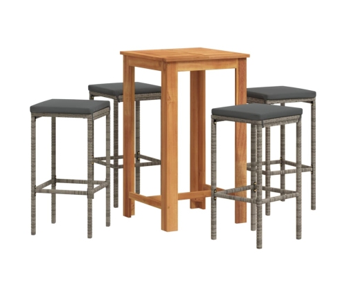 Mesa y taburetes de jardín 5 pzas madera acacia ratán PE gris