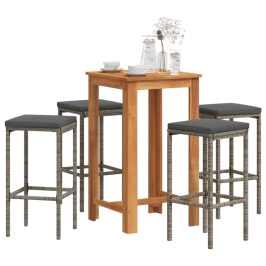 Mesa y taburetes de jardín 5 pzas madera acacia ratán PE gris