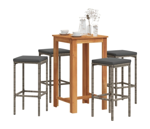 Mesa y taburetes de jardín 5 pzas madera acacia ratán PE gris