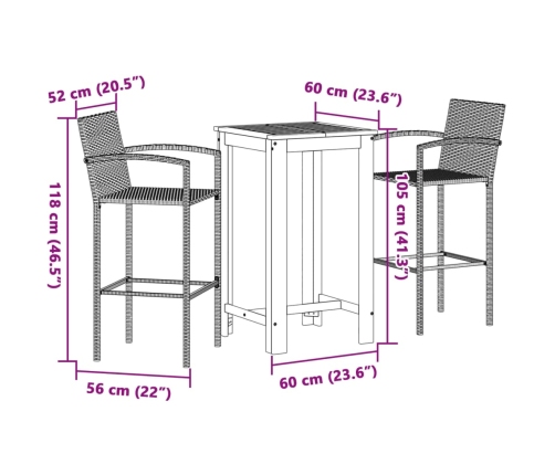 Mesa y taburetes de jardín 3 pzas madera acacia ratán PE negro