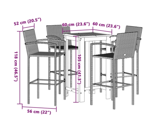 Mesa y taburetes de jardín 5 pzas madera acacia ratán PE marrón