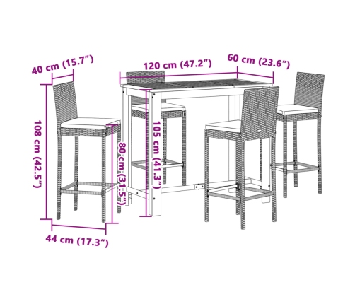 Mesa y taburetes de jardín 5 pzas madera acacia ratán PE negro