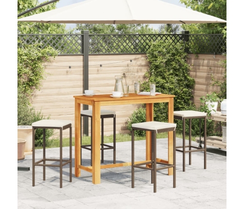 Mesa y taburetes de jardín 5 pzas madera acacia ratán PE marrón