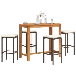Mesa y taburetes de jardín 5 pzas madera acacia ratán PE marrón