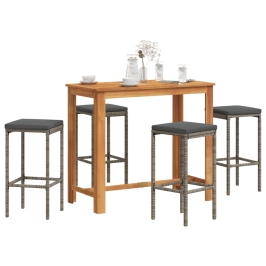 Mesa y taburetes de jardín 5 pzas madera acacia ratán PE gris