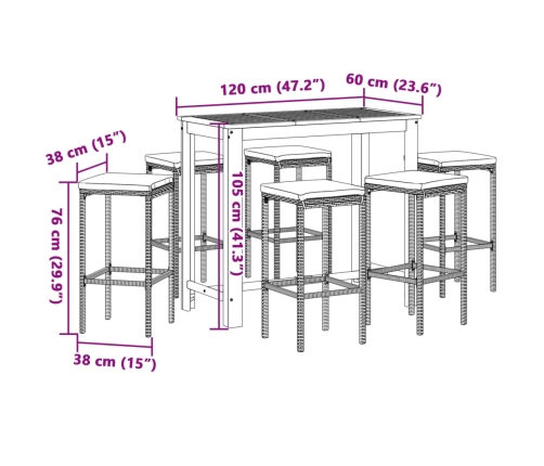 Mesa y taburetes de jardín 7 pzas madera acacia ratán PE negro