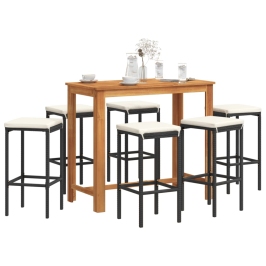 Mesa y taburetes de jardín 7 pzas madera acacia ratán PE negro