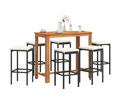 Mesa y taburetes de jardín 7 pzas madera acacia ratán PE negro