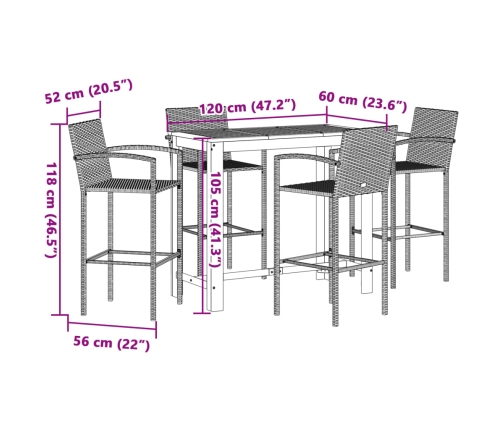 Mesa y taburetes de jardín 5 pzas madera acacia ratán PE marrón