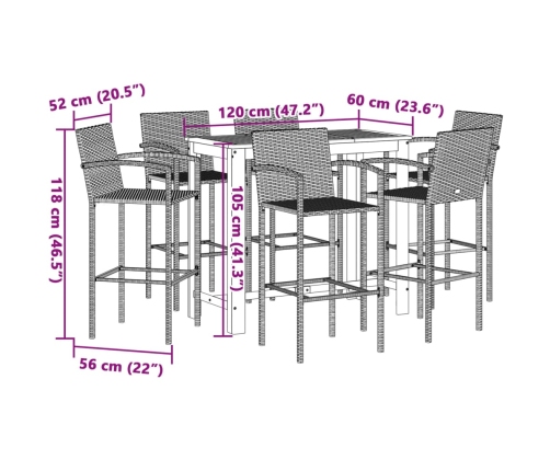 Mesa y taburetes de jardín 7 pzas madera acacia ratán PE negro