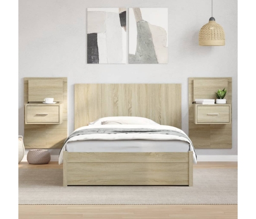 Cabecero cama con mesitas madera ingeniería roble Sonoma 120 cm