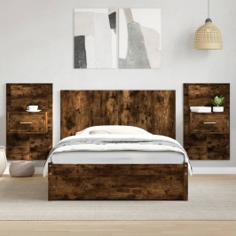 Cabecero cama con mesitas madera ingeniería roble ahumado 120cm