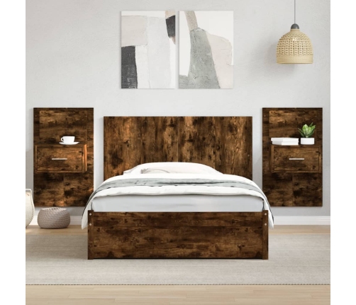 Cabecero cama con mesitas madera ingeniería roble ahumado 120cm