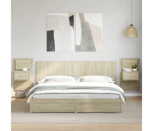 vidaXL Cabecero cama con mesitas madera ingeniería roble Sonoma 200 cm